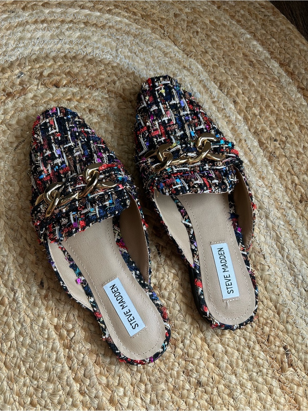 8 Steve Madden Multicolor Tweed Chain-Trim Mules